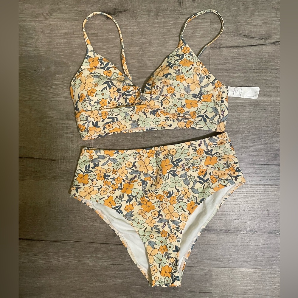 Floral Print Twist Bralette & Spliced High Waist Bikini Set